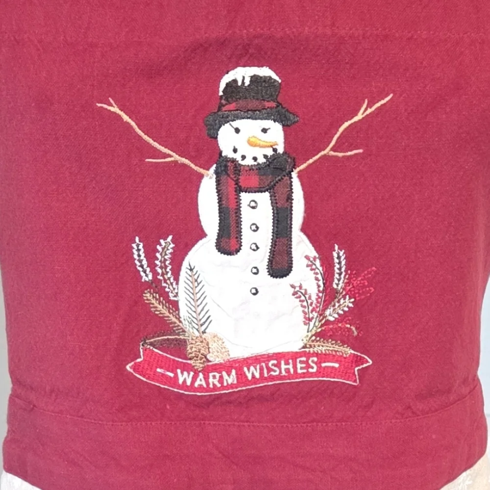 Christmas Snowman Apron Red Cream Snowflake Cotton Ruffle One Size